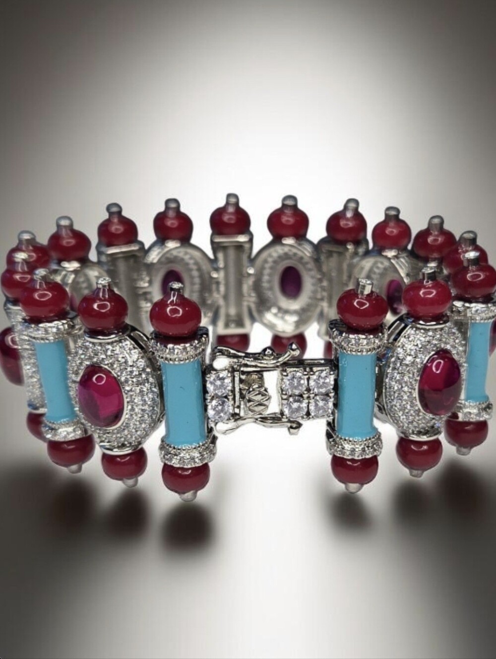 Exquisite Silver Oval Ruby Glass Cabochon Turquoise Enamel Pave Crystal Bracelet - Picture 4 of 7